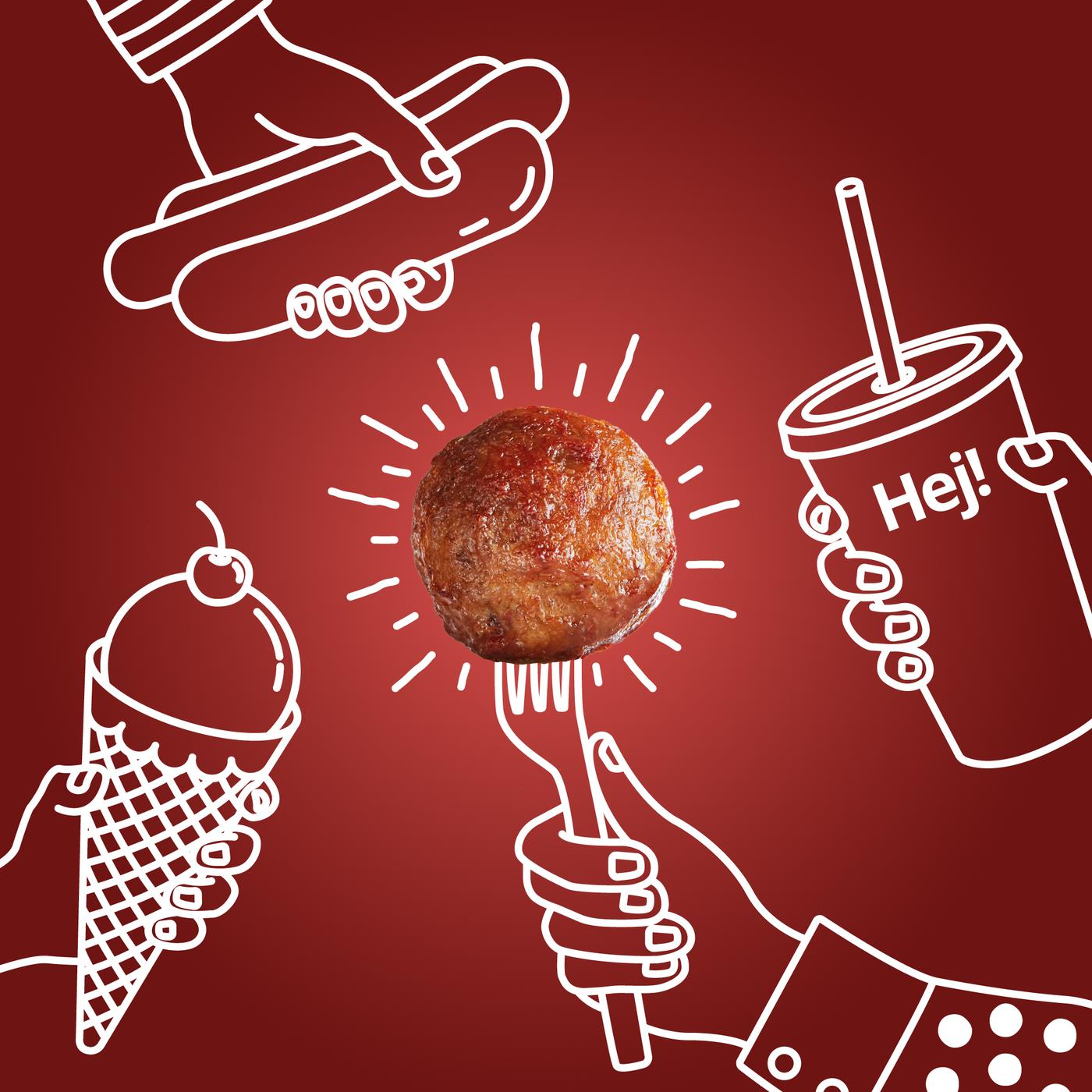 IKEA meatball festival illustration with Swedish meatball, hot dog, ice cream, and soft drink on a red background.