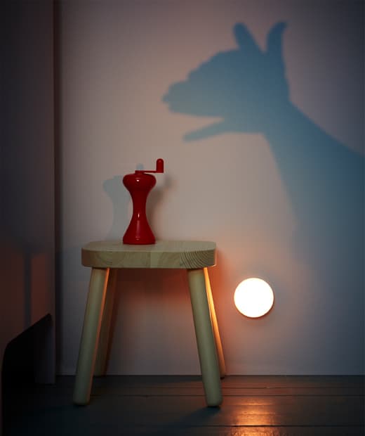 IKEA MOLGAN LED portable light and red LJUSA hand-powered flashlight make fun nightlights. Use them for shadow puppets, or as a safe lighting solution to guide kids through the dark.
