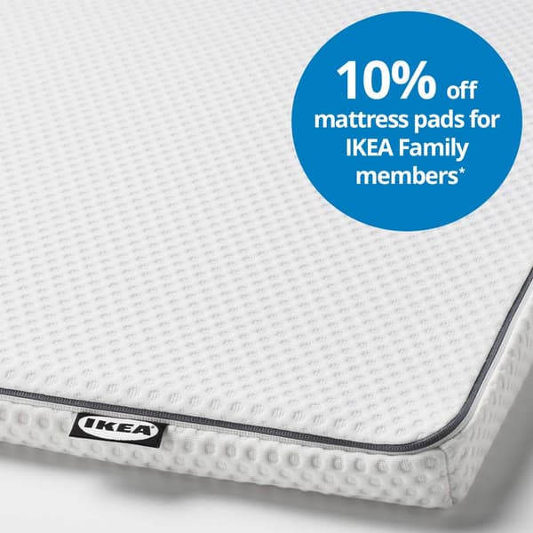 Image 115: IKEA NÄSTABERG mattress pad. White text on blue circle reads: 10% off mattress pads for IKEA Family members*