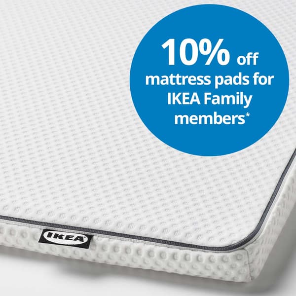 IKEA NÄSTABERG mattress pad. White text on blue circle reads: 10% off mattress pads for IKEA Family members*
