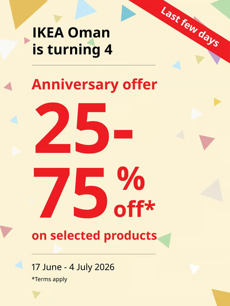 IKEA Oman is 4! Anniversary offer 25-75% off select products 17 June - 4 July
