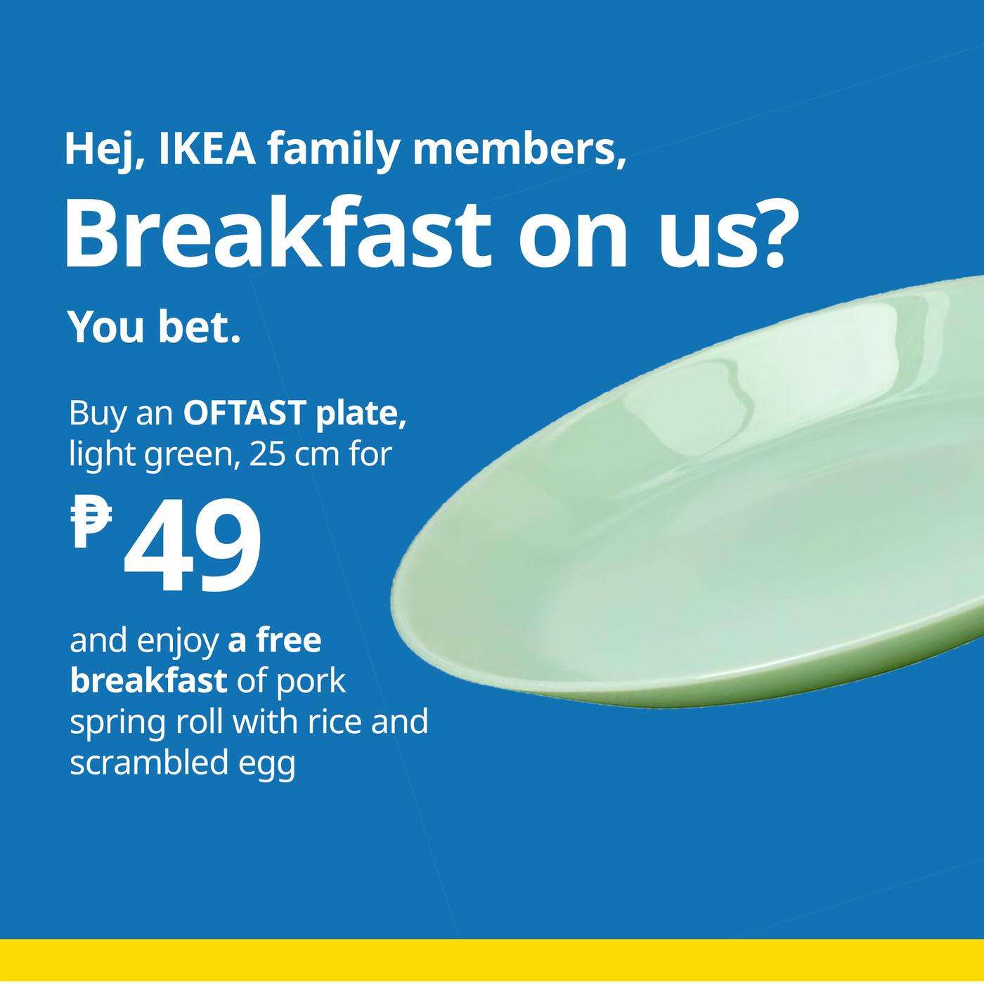 IKEA Philippines ad on a blue background: a light-green OFTAST plate costs ₱49, with a free pork spring roll and rice breakfast. Cheerful tone.