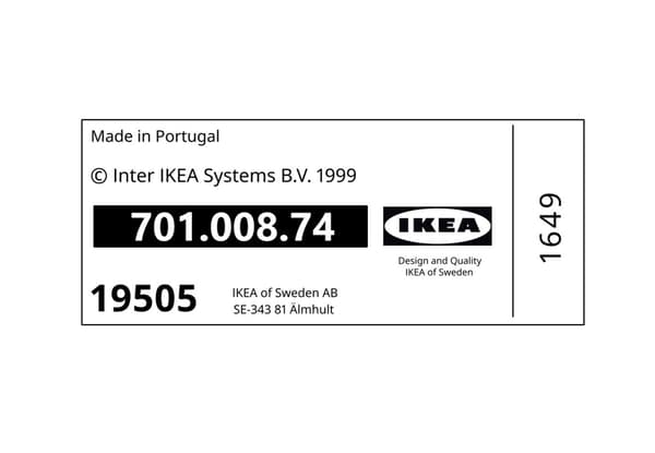 IKEA produktetikett med IKEA logotyp, tillverkningsland Portugal och produktinformation.