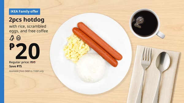 IKEA promotion featuring two hotdogs, rice, scrambled eggs, and coffee on a plate, with a price of ₱20. 