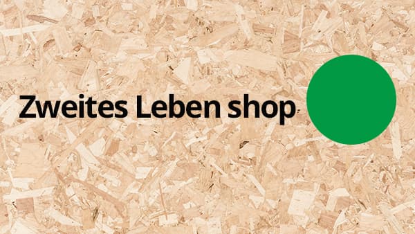 IKEA Second Life Shop banner on wooden background with green dot, which stands for sustainable furniture cycles