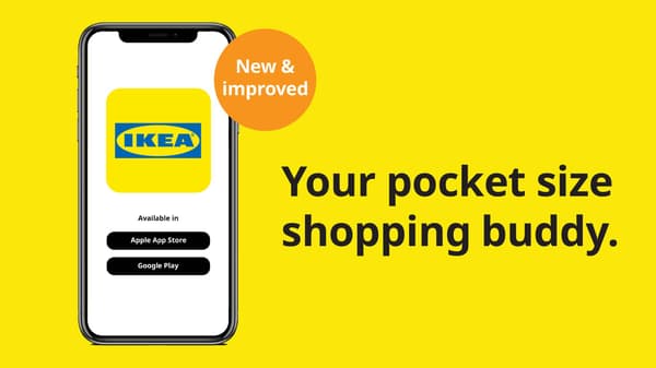 IKEA Shopping App. Your pocket size shopping buddy. New & improved text on orange sticker next to a mockup iPhone.