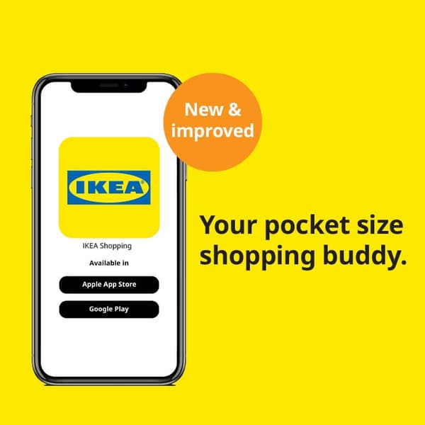 IKEA Shopping App. Your pocket size shopping buddy. New & improved text on orange sticker next to a mockup iPhone.