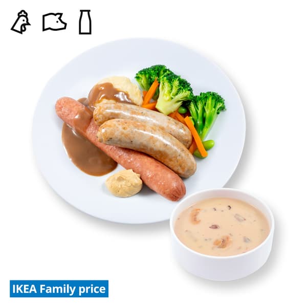 IKEA Singapore Family Food offers at Swedish Restaurant — Banger & mashed (2 pcs of German Pork Bratwurst & 1 pc Smoked Chicken Garlic Bratwurst with mashed potato, mixed vegetables with green soya bean served with cream sauce & mild mustard) and mushroom soup. Food allergen symbols of chicken, pork and dairy in black on the top left-hand. The IKEA Family price tag is displayed in blue and white text, positioned at the bottom left of the image.