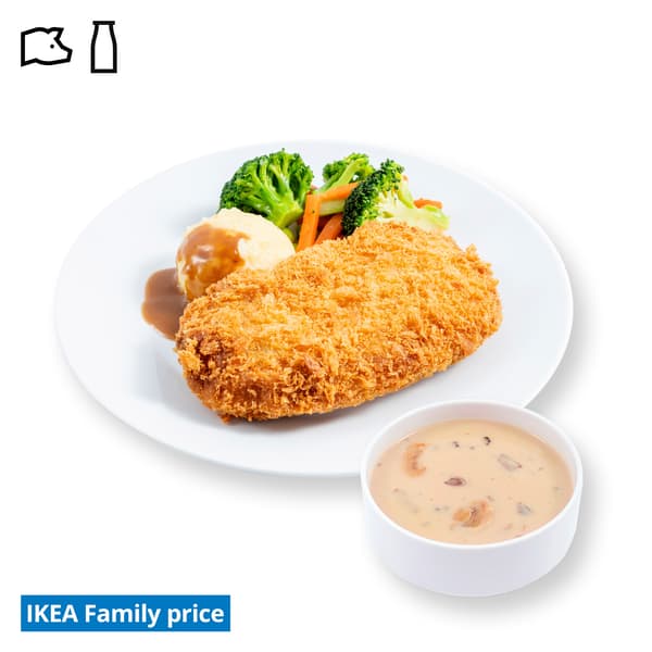 IKEA Singapore Family Food offers at Swedish Restaurant — Breaded Pork Cutlet with mashed potato and mixed vegetables with green soya beans & mushroom soup.  Food allergen symbols of pork and dairy in black on the top left-hand. The IKEA Family price tag is displayed in blue and white text, positioned at the bottom left of the image.
