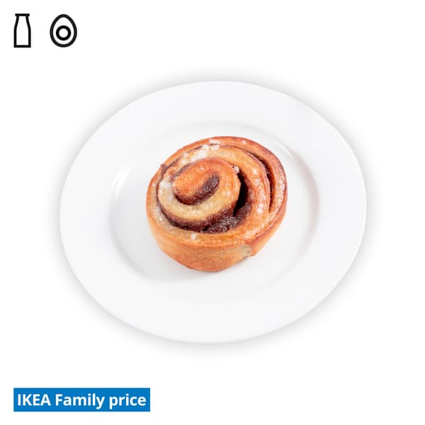 IKEA Singapore Family Food offers at Swedish Restaurant — Cinnamon bun. Food allergen symbols of dairy and egg in black on the top left-hand. The IKEA Family price tag is displayed in blue and white text, positioned at the bottom left of the image.