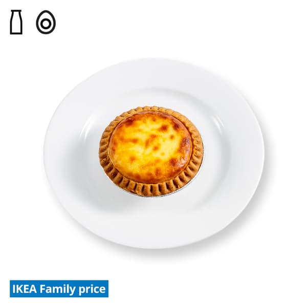 IKEA Singapore Family Food offers at Swedish Restaurant — D24 Durian cheese tart on a white side plate. Food allergen symbols of dairy and egg in black on the top left-hand. The IKEA Family price tag is displayed in blue and white text, positioned at the bottom left of the image.