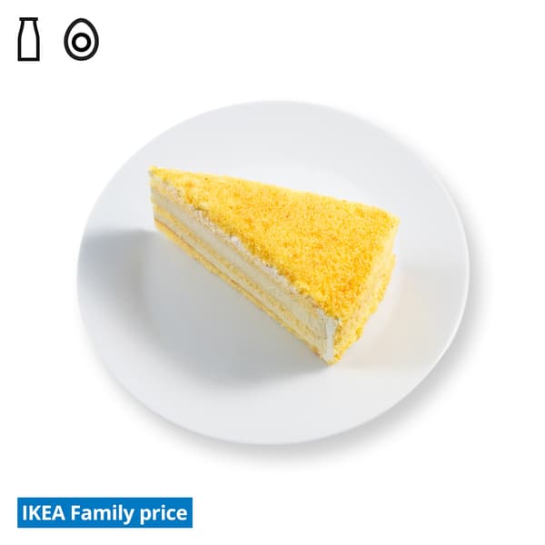 IKEA Singapore Family Food offers at Swedish Restaurant — D24 Durian cream cake on a white side plate. Food allergen symbols of dairy and egg in black on the top left-hand. The IKEA Family price tag is displayed in blue and white text, positioned at the bottom left of the image.