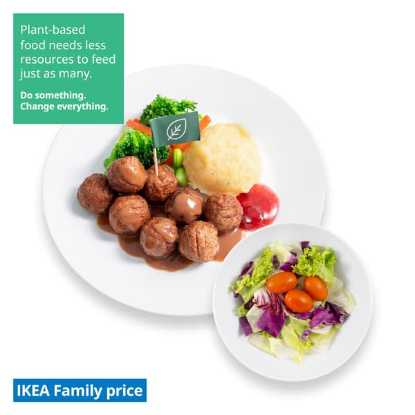 IKEA Singapore Family Food offers at Swedish Restaurant — Plant balls with mashed potato, mixed vegetables with green soya beans, cream sauce and lingonberry jam and green salad. In the top-left corner of the image, there is a green overlay containing the following white text: Plant-based food needs fewer resources to feed just as many. Do something. Change everything. The IKEA Family price tag is displayed in blue and white text, positioned at the bottom left of the image.