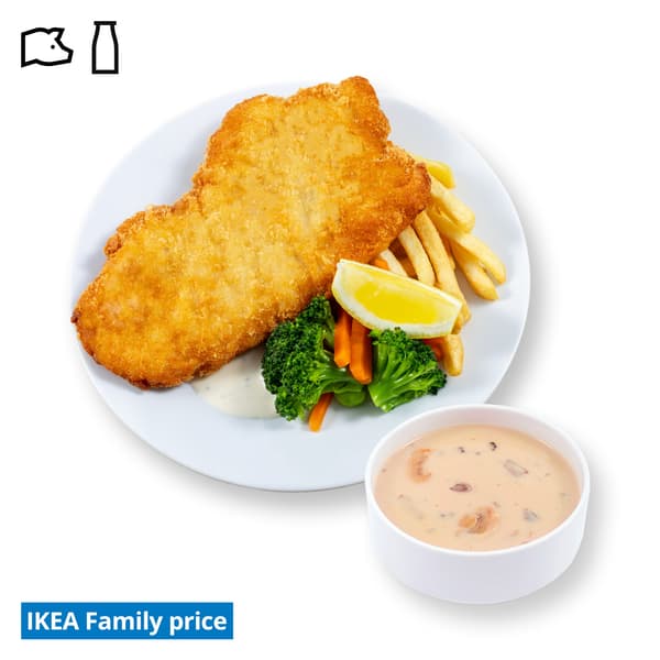 IKEA Singapore Family Food offers at Swedish Restaurant — Pork Schnitzel with fries and mixed vegetables with green soya beans, served with a lemon wedge and aioli sauce. 