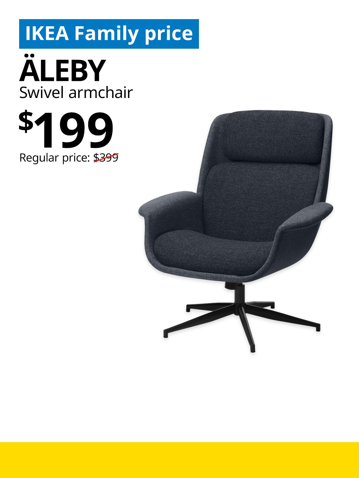 IKEA Singapore Year-end sale 2025. A gunnared medium grey ÄLEBY swivel armchair product image. On the top left, a blue tag with white text that reads "IKEA Family price", followed by black text that reads "ÄLEBY, Swivel armchair, $199, Regular price: $399".
