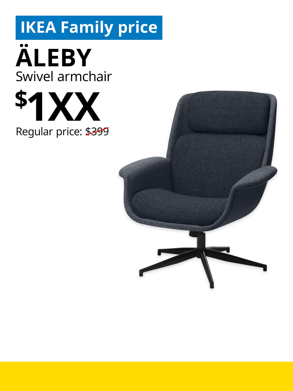 IKEA Singapore Year-end sale 2025. A gunnared medium grey ÄLEBY swivel armchair product image. On the top left, a blue tag with white text that reads "IKEA Family price", followed by black text that reads "ÄLEBY, Swivel rmchair, $1XX, Regular price: $399".