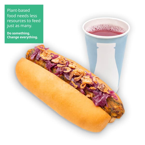IKEA Singapore's Swedish Bistro Food combo — Veggie hot dog & cold drink. A sustainability communication on the top left corner overlaying image in green with white text that reads 