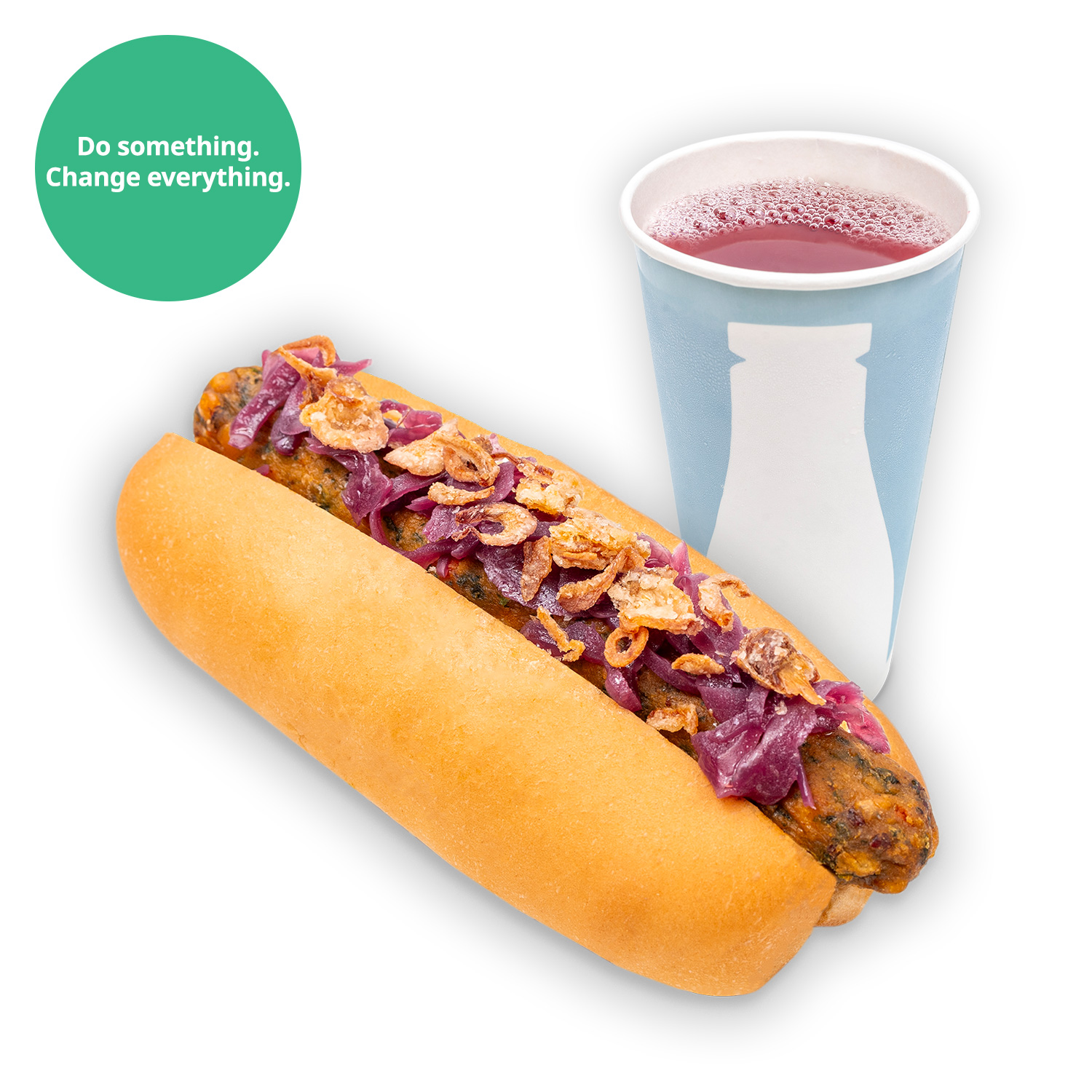 IKEA Singapore's Swedish Bistro Food combo — Veggie hot dog & cold drink. A sustainability communication on the top left corner overlaying image in green with white text that reads 