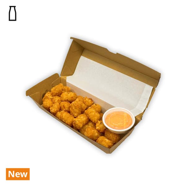IKEA Singapore's Swedish Bistro Food — Tater Tots with nacho cheese sauce. On the top left corner, food allergen dairy symbol in black is seen.