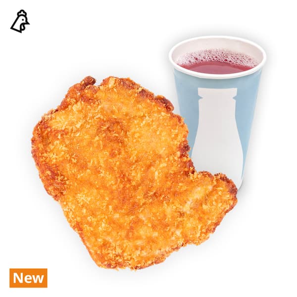 IKEA Singapore's Swedish Bistro hot snacks — Big breaded chicken cutlet & cold drink with chicken food symbol in black on top left corner.