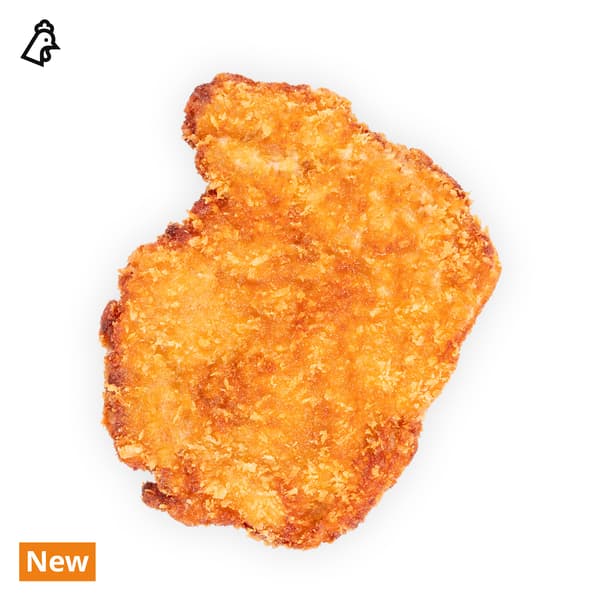 IKEA Singapore's Swedish Bistro hot snacks — Big breaded chicken cutlet with chicken food symbol in black on top left corner.