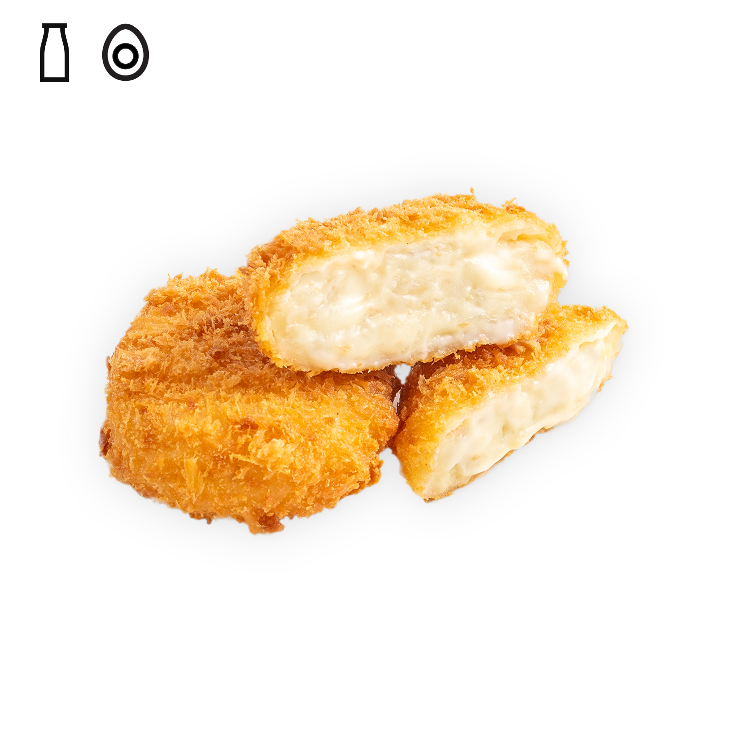 IKEA Singapore's Swedish Bistro hot snacks — Truffle cheese croquette with dairy and egg food symbol in black on the top left corner.