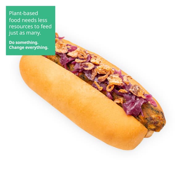 IKEA Singapore's Swedish Bistro hot snacks — Veggie hot dog. A sustainability communication on the top left corner overlaying image in green with white text that reads 