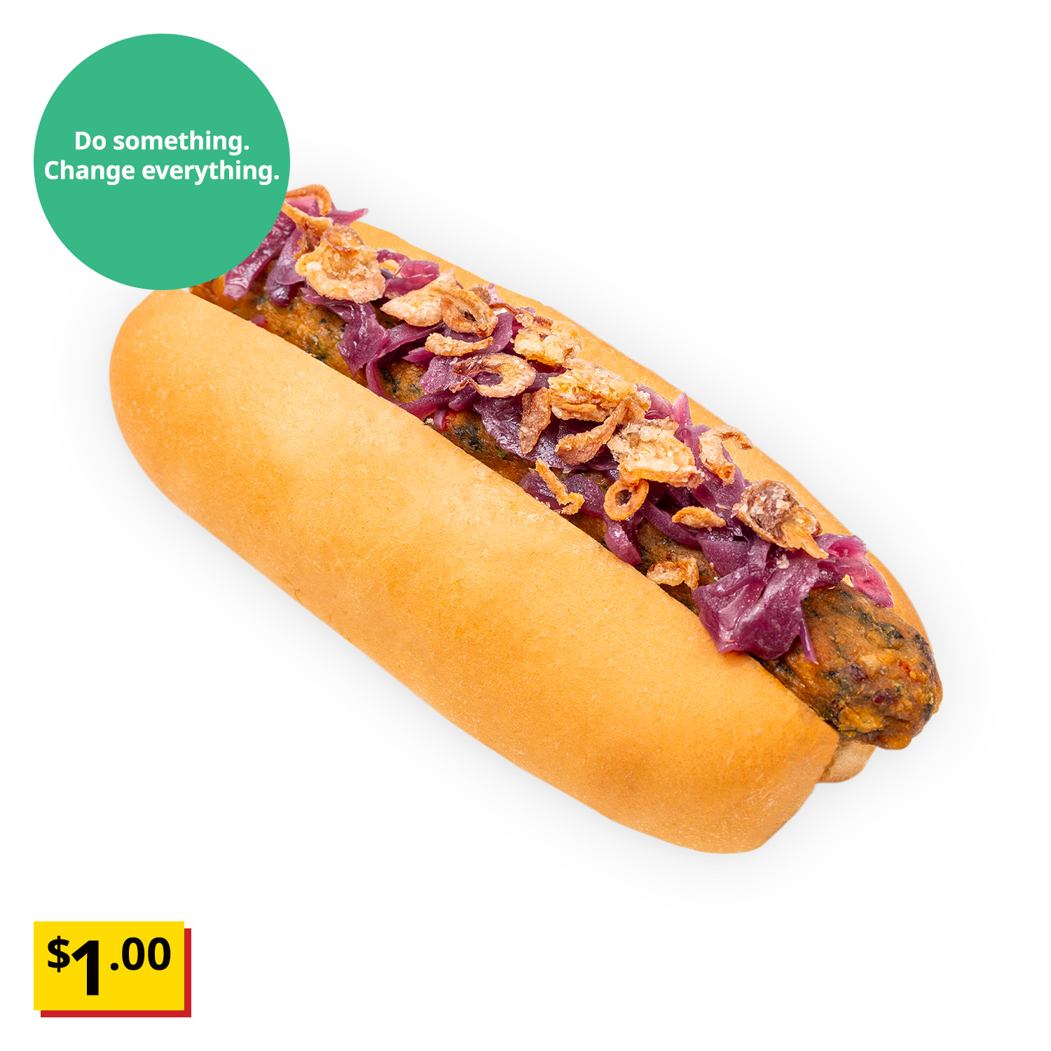 IKEA Singapore's Swedish Bistro hot snacks — Veggie hot dog. A sustainability communication on the top left corner overlaying image in green with white text that reads 