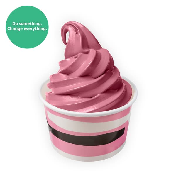 IKEA Singapore's Swedish Bistro ice-cream — Strawberry ice-cream. A sustainability communication on the top left corner overlaying image in green with white text that reads 