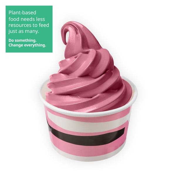 IKEA Singapore's Swedish Bistro ice-cream — Strawberry ice-cream. A sustainability communication on the top left corner overlaying image in green with white text that reads 