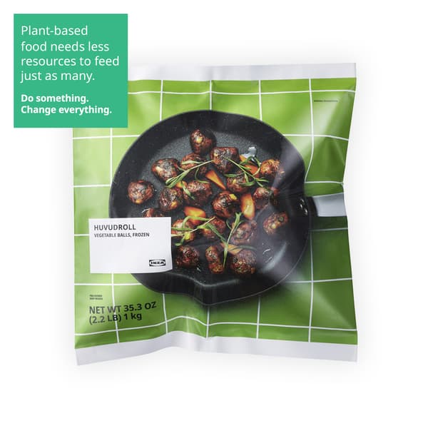 IKEA Singapore's Swedish Food Market Easy to prepare section —HUVUDROLL Vegetable balls. A sustainability communication on the top left corner overlaying image in green with white text that reads 