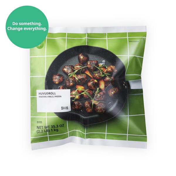 IKEA Singapore's Swedish Food Market Easy to prepare section —HUVUDROLL Vegetable balls. A sustainability communication on the top left corner overlaying image in green with white text that reads 