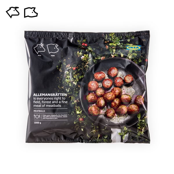 IKEA Singapore's Swedish Food Market Easy to prepare section — ALLEMANSRÄTTEN, meatballs 1kg with beef & pork food symbol in black on top left corner.