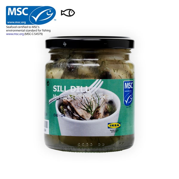 IKEA Singapore's Swedish Food Market Easy to prepare section — SILL DILL, marinated herring with dill, 250g. An MSC certificate with a prawn food symbol in black on the top left corner.