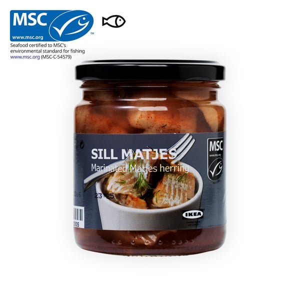 IKEA Singapore's Swedish Food Market Easy to prepare section — SILL MATJES, marinated Matjes herring, 250g. An MSC certificate with a prawn food symbol in black on the top left corner.