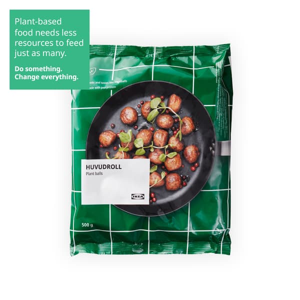 IKEA Singapore's Swedish Food Market Easy to prepare section — HUVUDROLL plant balls, 500g. A sustainability communication on the top left corner overlaying image in green with white text that reads 