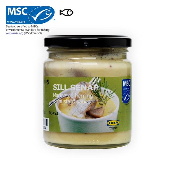 IKEA Singapore's Swedish Food Market Easy to prepare section — SILL SENAP, marinated herring with mustard, 250g. An MSC certificate with a prawn food symbol in black on the top left corner.