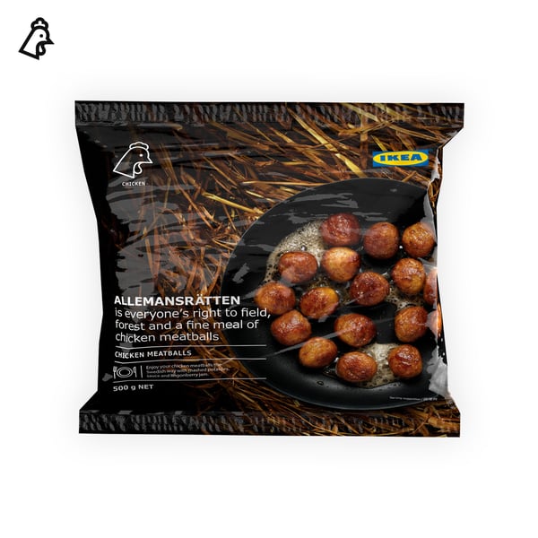 IKEA Singapore's Swedish Food Market Easy to prepare section — ALLEMANSRÄTTEN Chicken meatballs, 500g with a chicken food symbol in black on top left corner. 