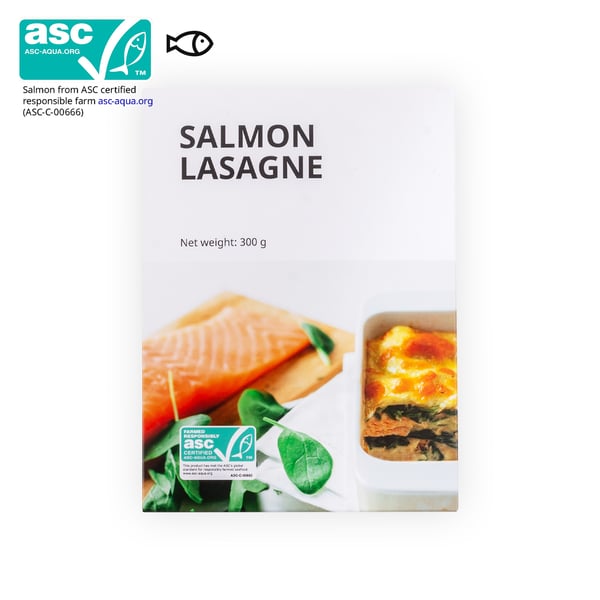 IKEA Singapore's Swedish Food Market Easy to prepare section — Salmon lasagne. An ASC certificate with a fish food symbol in black on the top left corner.