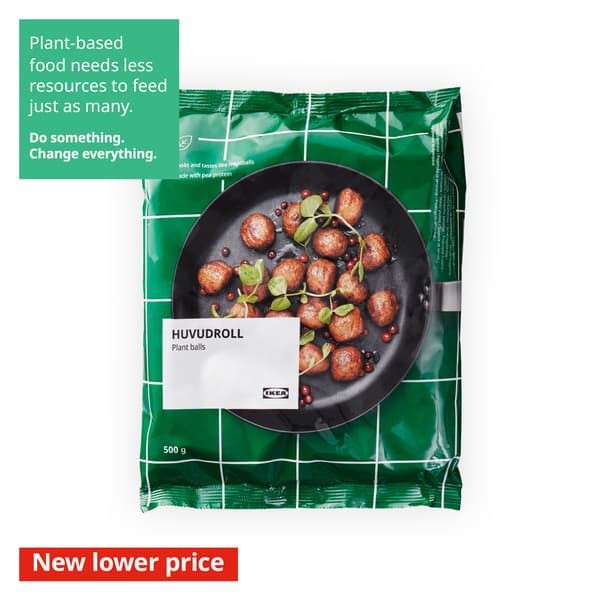 IKEA Singapore's Swedish Food Market Easy to prepare section — HUVUDROLL plant balls, 500g. A sustainability communication on the top left corner overlaying image in green with white text that reads 
