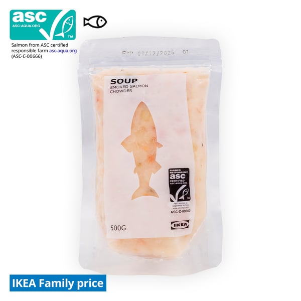 IKEA Singapore's Swedish Food Market, IKEA Family Offer —  Salmon chowder soup. An ASC certificate with a fish food symbol in black on the top left corner.