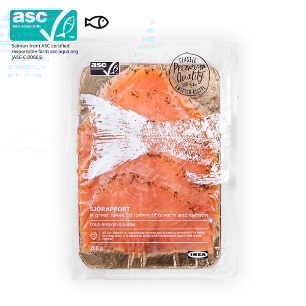 IKEA Singapore's Swedish Food Market Seafood section — SJORAPPORT Cold-smoked salmon slices, 200g. An ASC certificate with a fish food symbol in black on the top left corner.