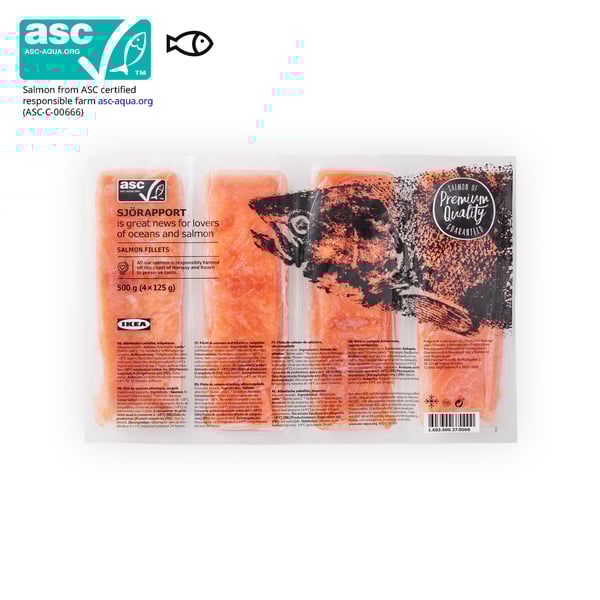 IKEA Singapore's Swedish Food Market Seafood section — SJORAPPORT salmon fillet, 500g. An ASC certificate with a fish food symbol in black on the top left corner.