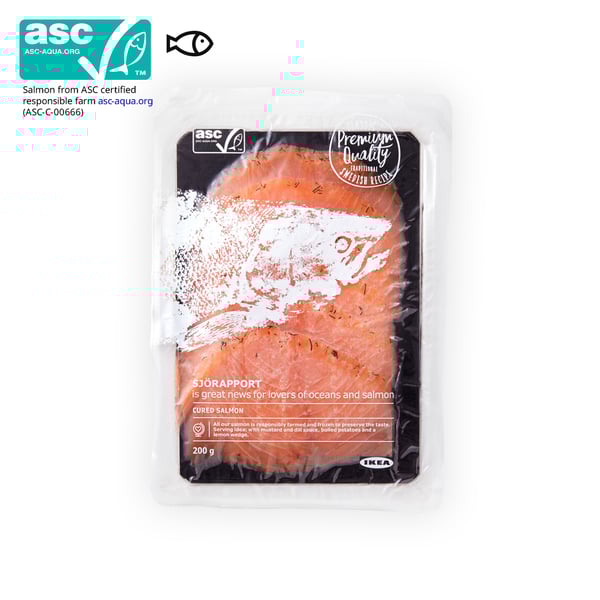 IKEA Singapore's Swedish Food Market Seafood section — SJORAPPORT Cured salmon, 200g. An ASC certificate with a fish food symbol in black on the top left corner.