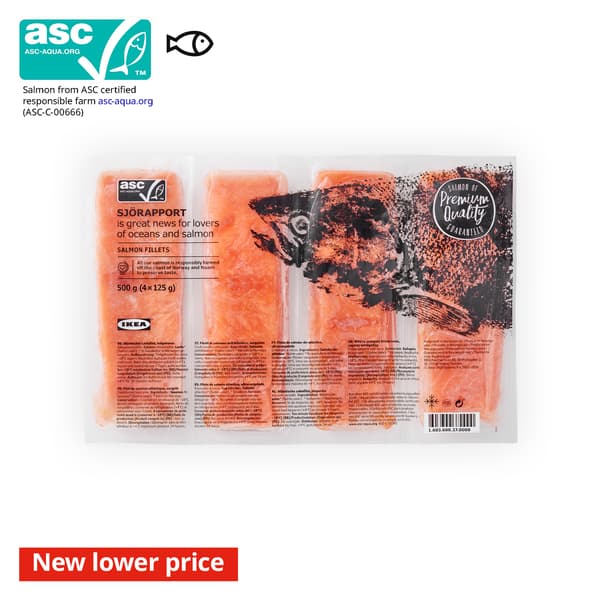 IKEA Singapore's Swedish Food Market Seafood section — SJORAPPORT salmon fillet, 500g. An ASC certificate with a fish food symbol in black on the top left corner.
