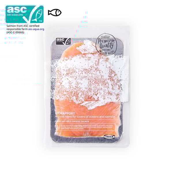 IKEA Singapore's Swedish Food Market Seafood section — SJORAPPORT Cured cold-smoked salmon, 200g. An ASC certificate with a fish food symbol in black on the top left corner.