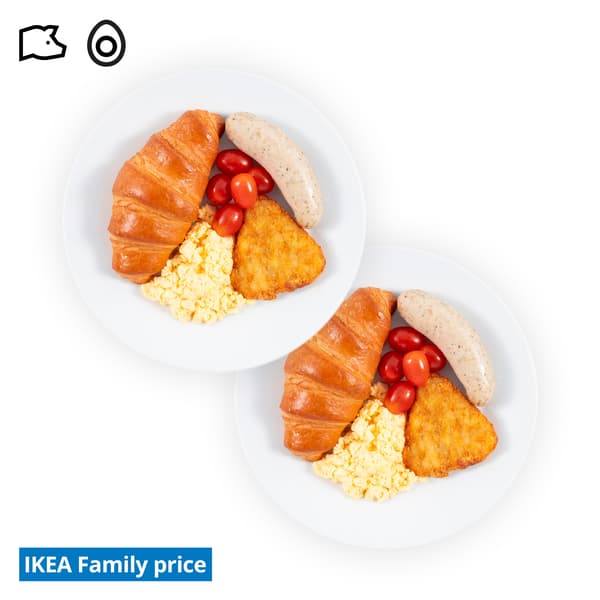 IKEA Singapore's Swedish Restaurant breakfast — Breakfast platter; Butter croissant breakfast platter with pork bratwurst, butter croissant, scrambled egg, hashbrown and cherry tomato. A pork and egg food symbol is seen on the top left corner.