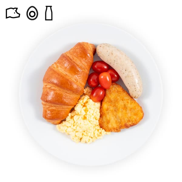 IKEA Singapore's Swedish Restaurant breakfast — Breakfast platter; Butter croissant breakfast platter with pork bratwurst, butter croissant, scrambled egg, hashbrown and cherry tomato. A pork and egg food symbol is seen on the top left corner.