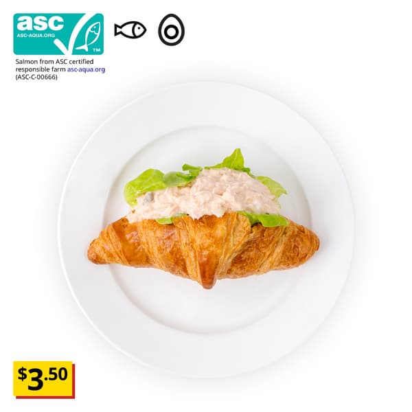 IKEA Singapore's Swedish Restaurant breakfast — Salmon mayo croissant. An ASC certificate with a fish and egg food symbol in black on the top left corner with a breath-taking price tag in yellow of $3.50.
