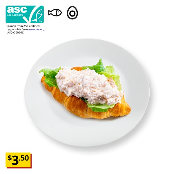 IKEA Singapore's Swedish Restaurant breakfast — Salmon mayo croissant. An ASC certificate with a fish and egg food symbol in black on the top left corner with a breath-taking price tag in yellow of $3.50.